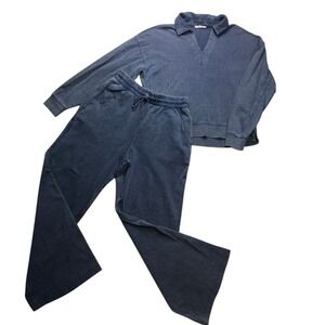 Splendid Womens Blue Ribbed Knit 2 Piece Lounge Set V-Neck Polo Joggers XS S